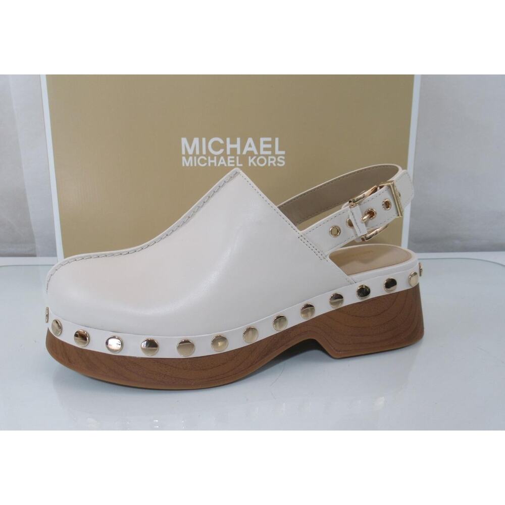 Michael Kors Size 7 Esra Clog Mule Studded Slingback Strap Buckle Cream Leather - Picture 2 of 9
